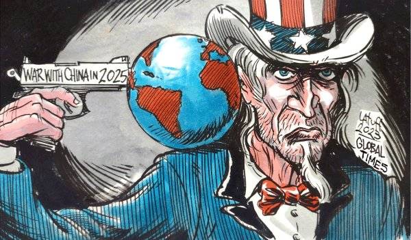 Dibujo de EEUU suicidándose a través disparando al mundo