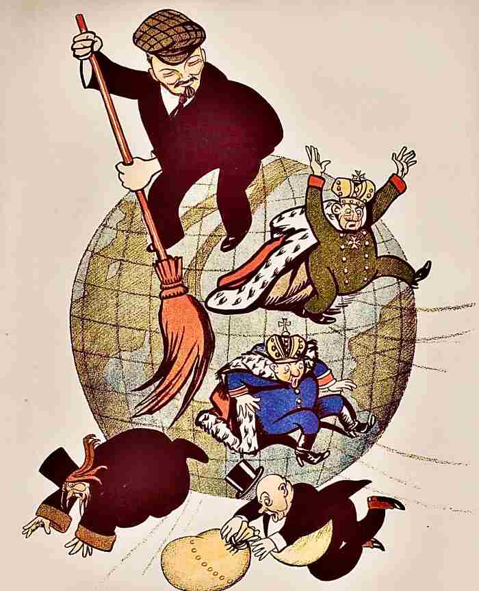 Dbujo de Lenin barriendo el mundo de burgueses y feudales