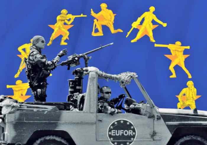 Composición del logo de la UE con armas y tropas