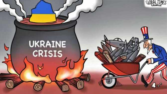 Dibujo de figura de EEUU echando balas al fuego de Ucrania