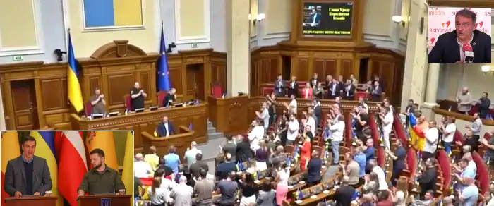 Composición de fotos de Sánchez en Parlamento Ucranio