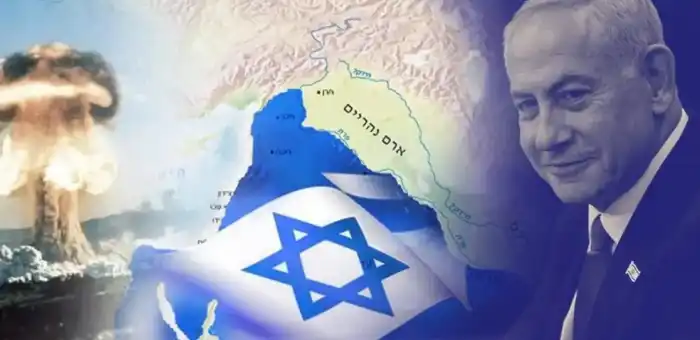 Composición de Netanyahu, mapa de israel y bomba atómica