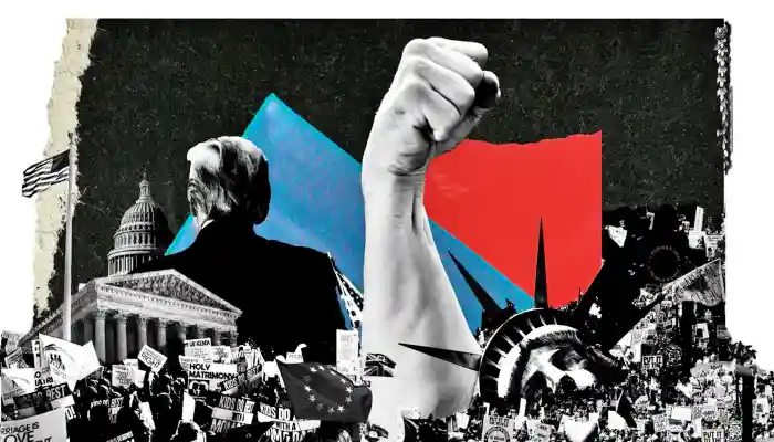 Composición fotográfica que muestra imágenes interrumpidas de protestas callejeras, entrelazadas con la caída de una Estatua de la Libertad, la espalda de Donald Trump, el edificio del Capitolio de EE.UU. y una franja azul y otra de color rojo y un brazo con el puño erguido. Foto: Christina Animashaun/Vox.