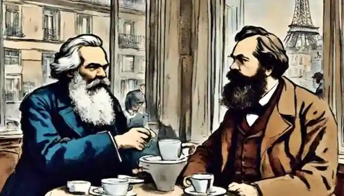 Dibujo de comunistas Marx y Engels tomando café