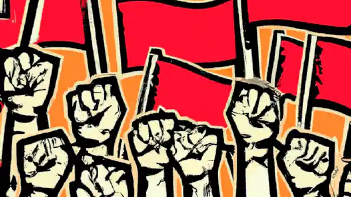 Dibujo de puños y banderas del internacionalismo proletario