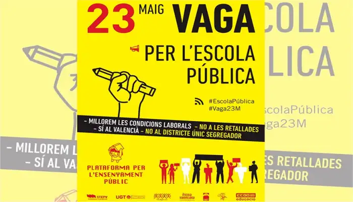 Cartel de la convocatoria de Huelga el 23 de mayo por la educación pública valenciana